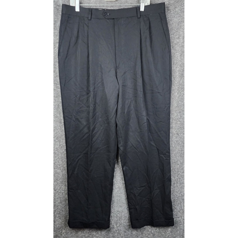 Louis Raphael Pleated Trousers Mens 36x30 Black 100% Pure Virgin Wool Cuffed Leg